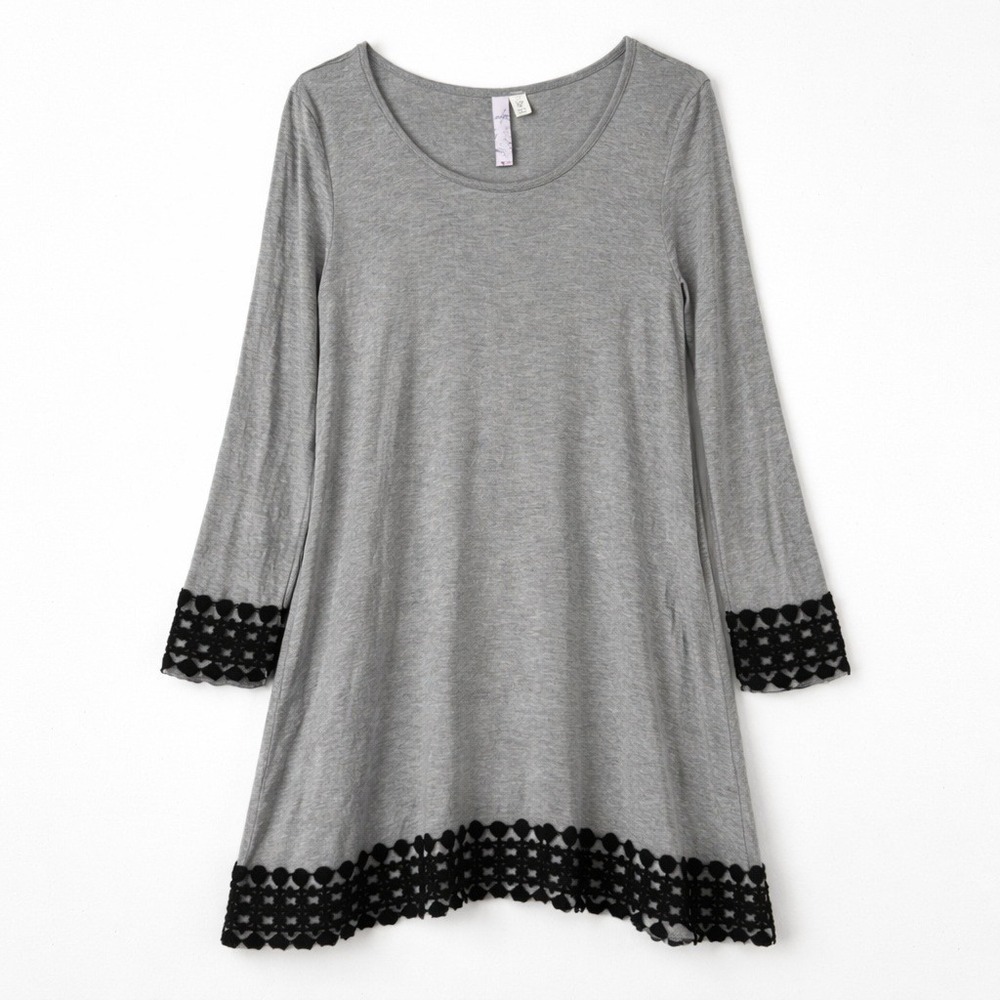 Alya Gray Long Sleeve Tunic mini Dress Black Crochet Lace Trim Boho Women M Cozy